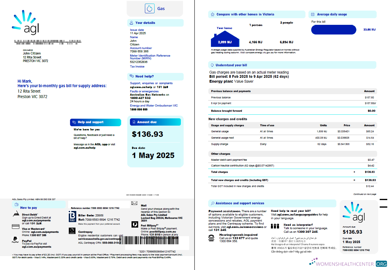 download Australia AGL Gas utility bill template in Word and PDF formats, 3 pages, 1 2 page PDF template